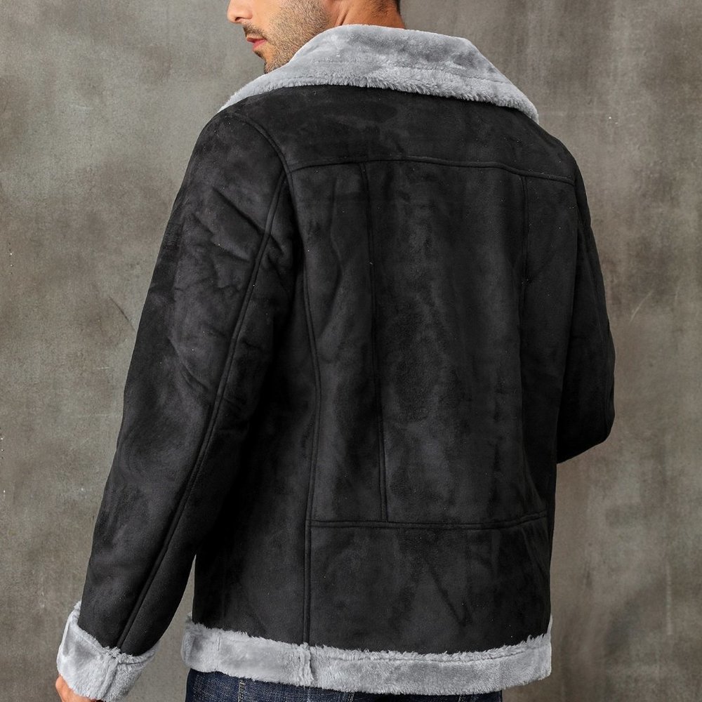 Black Casual Mens Teddy Lined Zip Up Faux Suede Coat - Picture 2 of 5